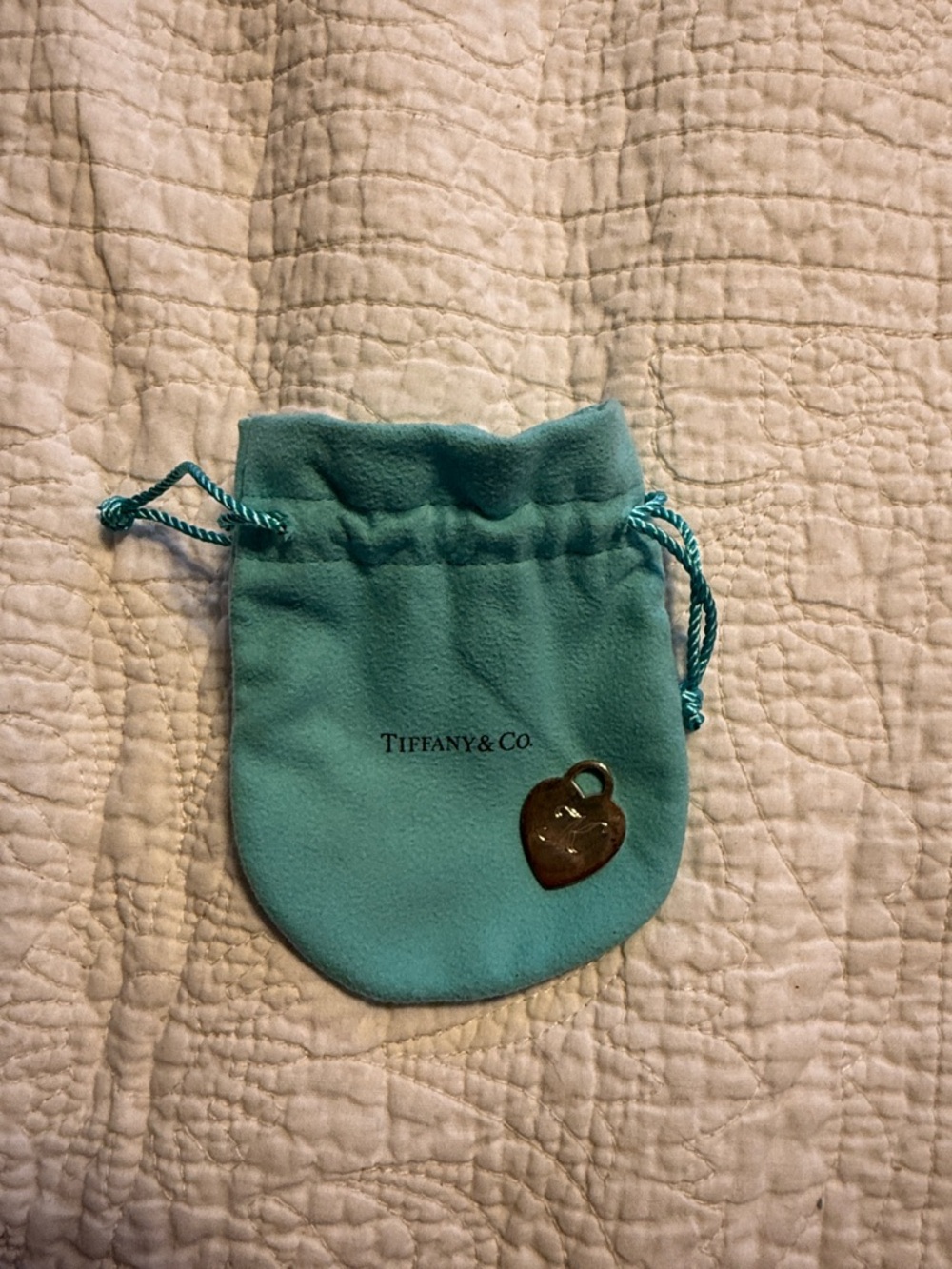 Tiffany & Co. Heart Charm Engraved “K”  Tiffany Blue Velvet Drawstring Pouch